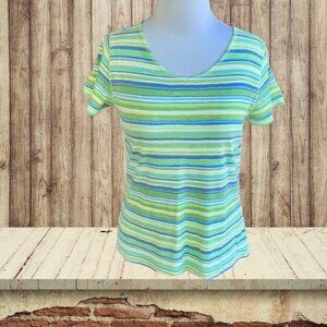 Liz Claiborne Colorful Striped Short Sleeve Green Blue White Vneck Top Medium